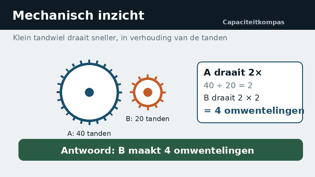 Uitleg mechanisch inzicht: tandwiel A met 40 tanden drijft tandwiel B met 20 tanden aan, A draait 2 keer dus B draait 4 keer - Capaciteitkompas